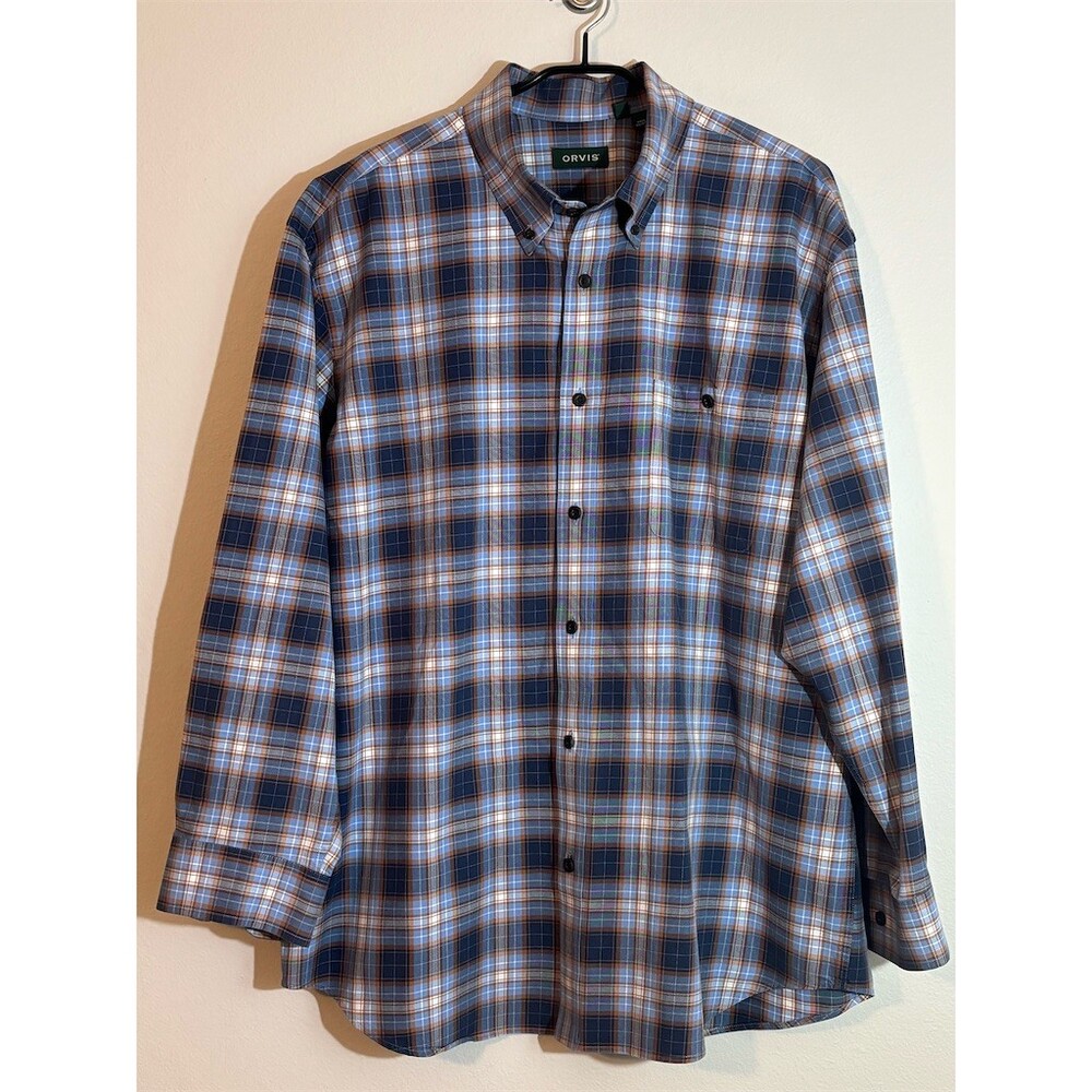 Orvis Shirt Mens 2XL Plaid Button Up Long Sleeve Blue Orange White